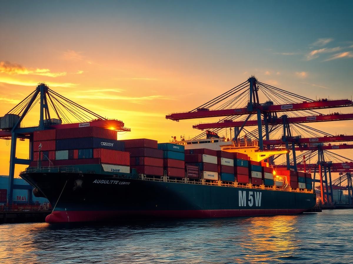 Container ship being loaded with agricultural export cargo at a port